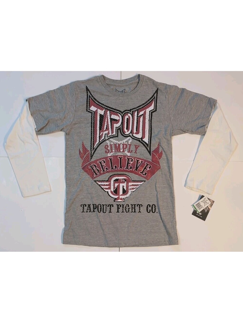 Tap Out Gray Layered Long Sleeve T-Shirt Simply Believe Boys L 14-16 UFC New
